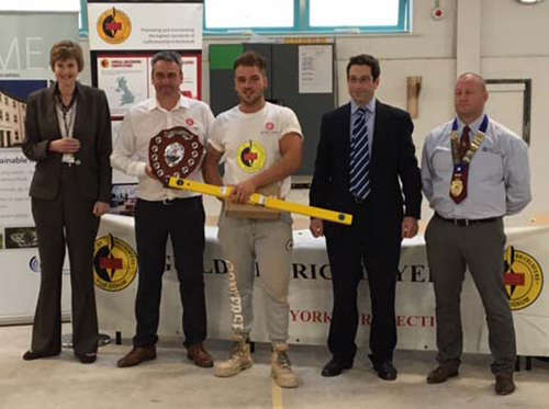 Senior heat winner, Charlie Young, receives his awards from (left to right) Alison Birkinshaw principal, York College, Guy Armitage, York Handmade Bricks, sponsor, Charlie Young, Richard Urwin, Mitchell and Urwin, sponsor and Andrew Bannister, Yorkshire section guild chairman 